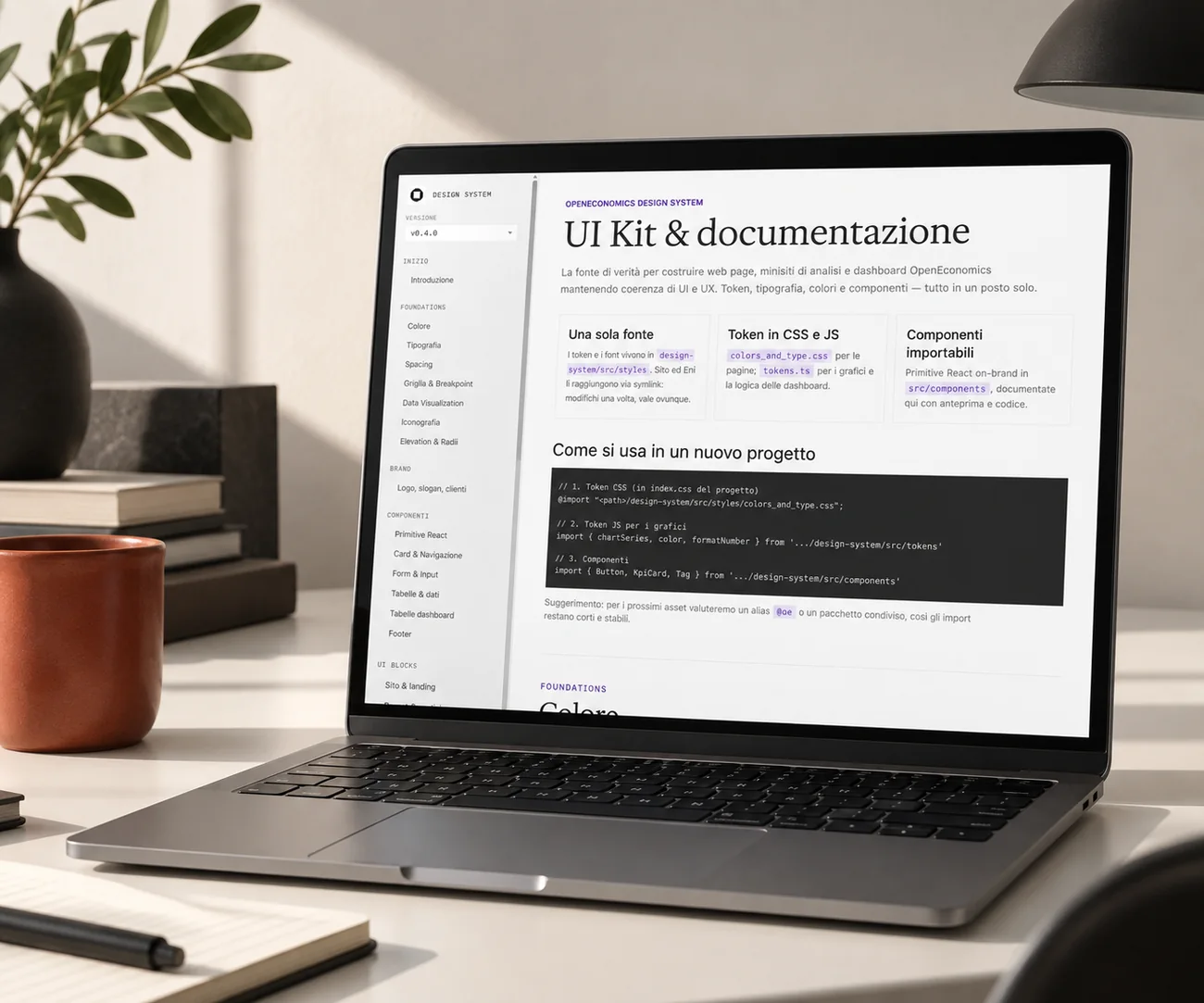 Il design system OpenEconomics aperto su un portatile