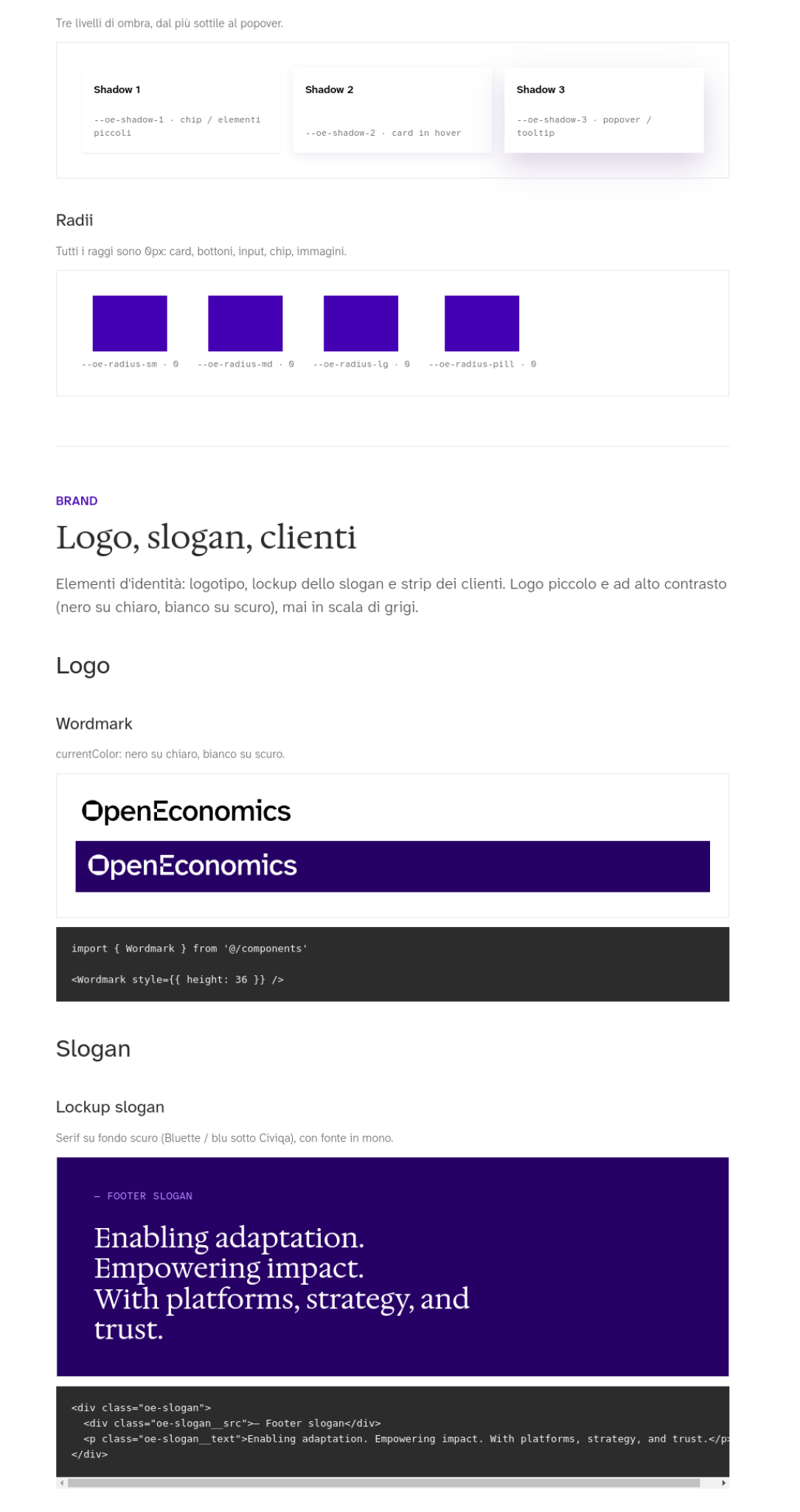 Screenshot autentico dei blocchi di brand OpenEconomics