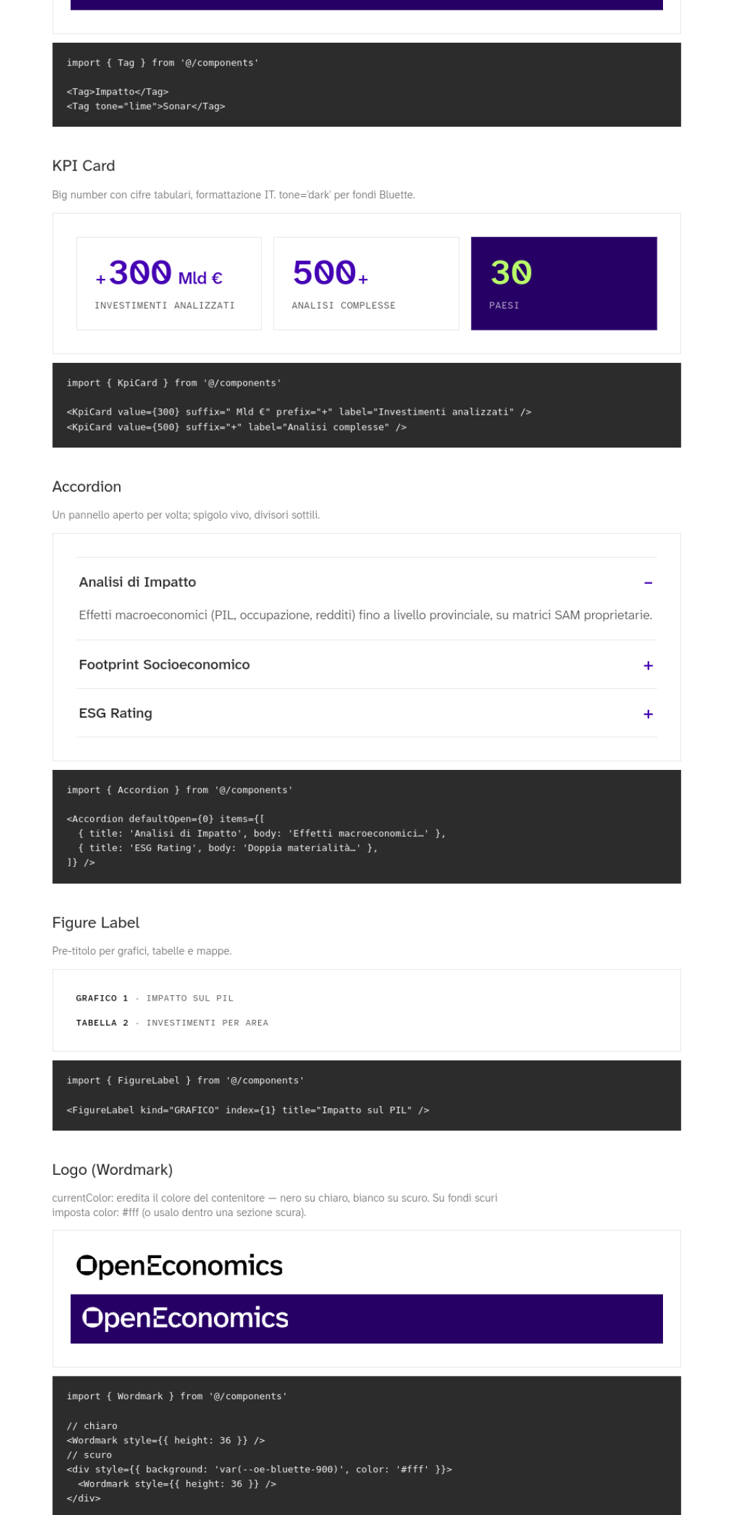 Screenshot autentico di KPI, accordion e componenti dati OpenEconomics